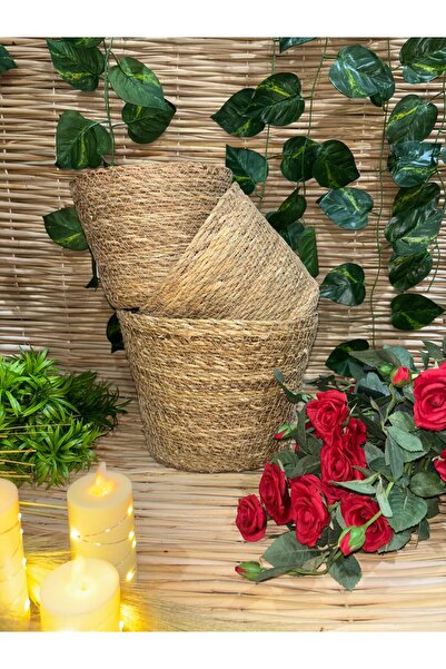 Ekodoğa Hasır 3'Lü Saksı Seti Hasır Örme Saksılık