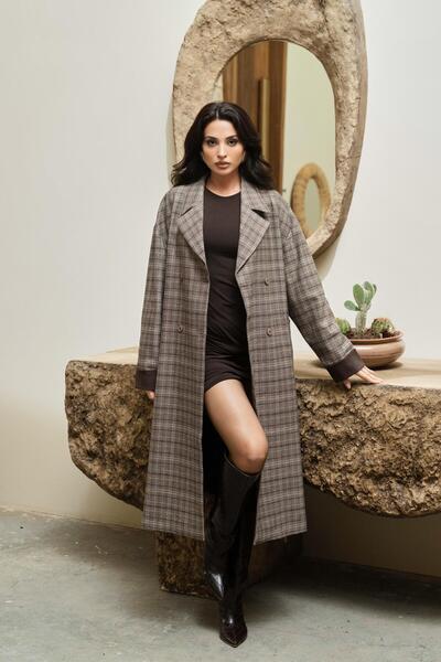 Serica Moda Brown Plaid Belted Lined Thin Coat
