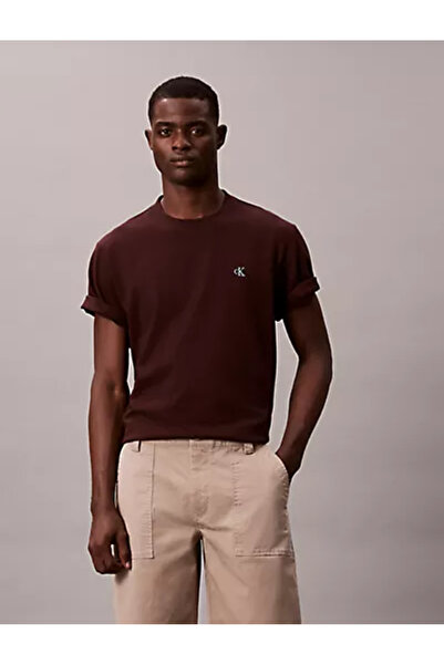 Calvin Klein Men's Regular Fit Round Neck Chest Ck Logo Cotton Short Sleeve Brown T-Shirt Lv04Rc275G-2