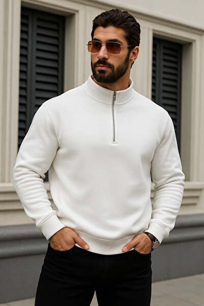 DAMGA JEANS Hanorac alb cu fermoar pentru bărbați Trend Winter tricou