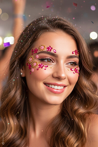 BearPear Fuşya Renk Göz Makyajı, Yüz ve Tırnak Sticker Yüz Taşı Face Gems