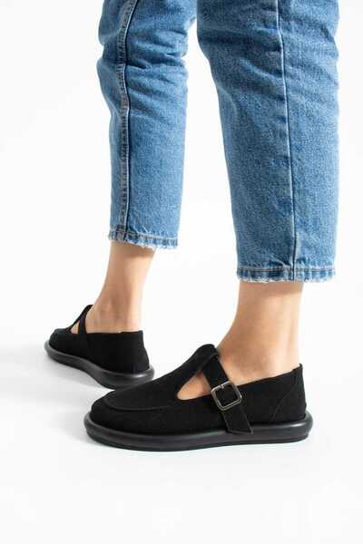 diclepolat Women's Black Suede Loafer Shoes with Saddle Detail Buckle – Comfortable and Stylish for Everyday Use Margos