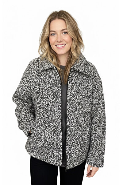 ZEYN ESTİLO Kadın Cep Detaylı Fermuarlı Bukleli Kaşmir Mont Gri kırçıllı