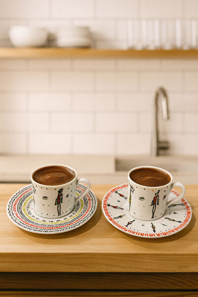 SİHİRLİ AYAKLAR 2-Piece Porcelain Patterned Coffee Cup Set with Gift Box 100 ml