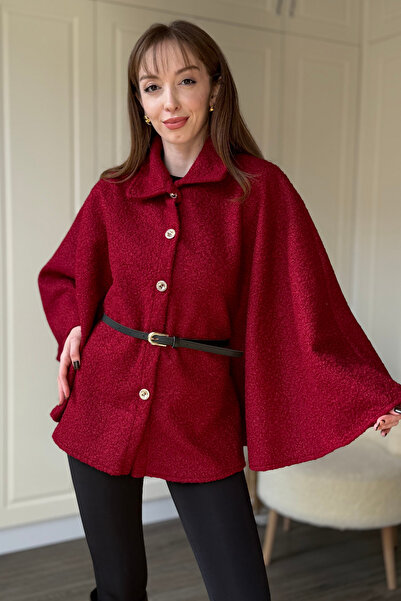 Dilay Gökoğlu Butik Detachable Belt Boucle Burgundy Poncho