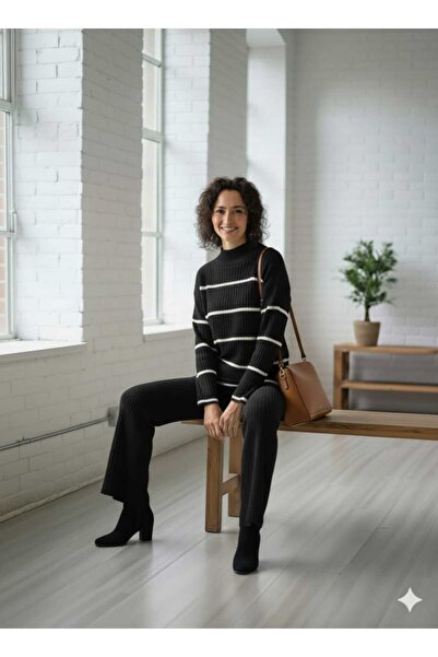 Cemre Life New Deux Women's Striped Sweater Pants Knitwear Set