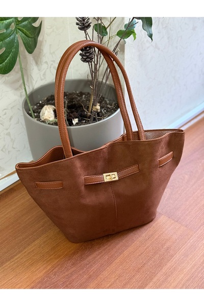 Bagnest Suede Women's Shoulder Bag with Lock Detail on the Front