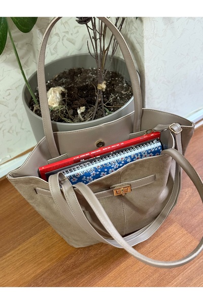 Bagnest Suede Women's Shoulder Bag with Lock Detail on the Front