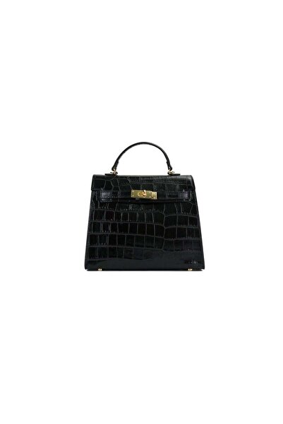 Posete Fagaras Thea Croco Baby Leather Purse - Black, Casual Bag Made of Genuine Leather, Handbag, Bags