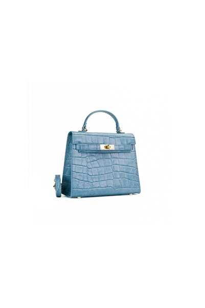 Posete Fagaras Thea Croco Baby Leather Purse - Blue, Casual Bag Made of Genuine Leather, Handbag, Bags
