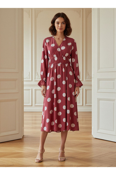 FAV Polka Dot Print Midi Dress with Long Sleeves and Cinched Waist Detail