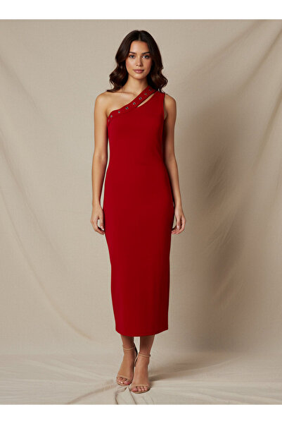 2Xtremz One Shoulder Midi Bodycon Dress with Rivet Detail