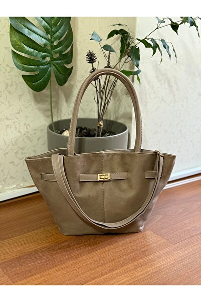 Bagnest Suede Women's Shoulder Bag with Lock Detail on the Front