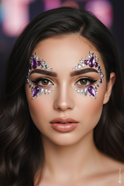 BearPear Lila Renk Kristal Kesim Kalpli Yüz Taşı Makyaj Aksesuar Face Gems