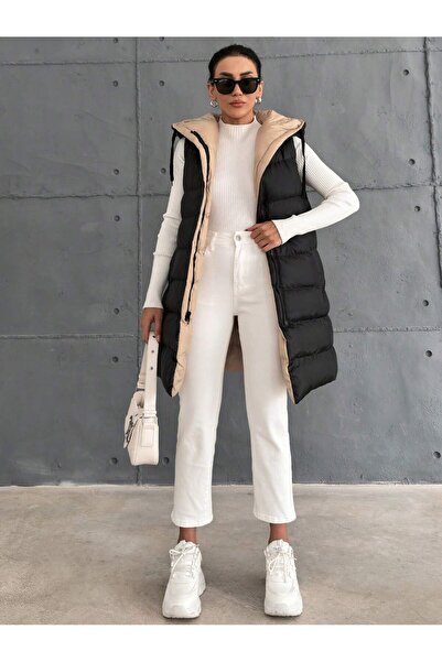 last summer Women's Double Sided Long Hooded Sleeveless Puffer Vest 10601023