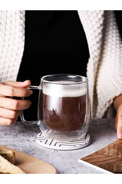 Alcoach Top Spring Transparent Glass Coffee Cups with Handles - Double Wall Insulated, Set of 4 (350 ml)