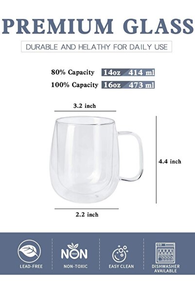 Alcoach Top Spring Transparent Glass Coffee Cups with Handles - Double Wall Insulated, Set of 4 (350 ml)