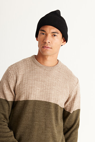 AC&Co / Altınyıldız Classics Beige-Khaki Standard Fit Regular Cut Crew Neck Colorblock Patterned Knitwear Sweater