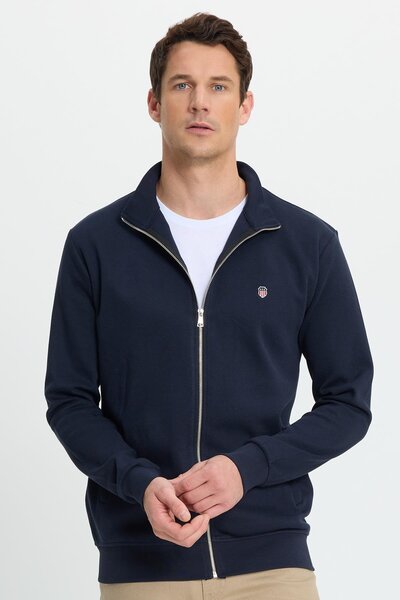 Tudors Men's Slim Fit Slim Fit Cotton Full Zip Double Pocket Mock Neck Navy Blue Sweatshirt Cardigan