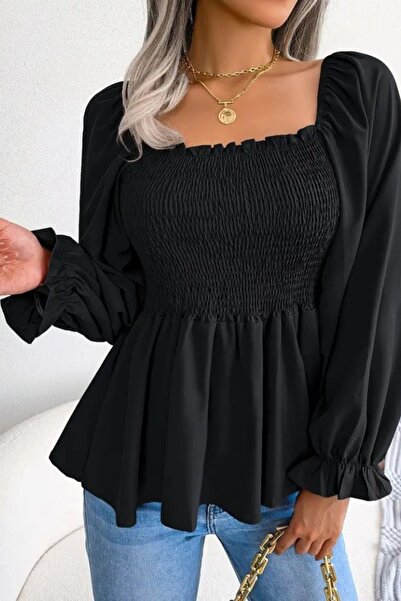 Mossta Square Neck Gipeli Crepe Blouse - Black