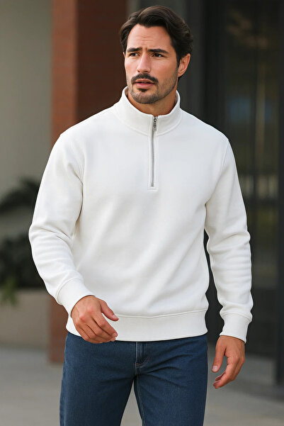 DAMGA JEANS Erkek Trend Premium Beyaz Fermuarlı Sweatshirt