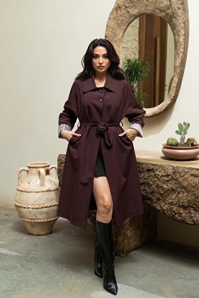 Serica Moda Trench coat cu curea și nasturi în partea de sus, culoare burgundy