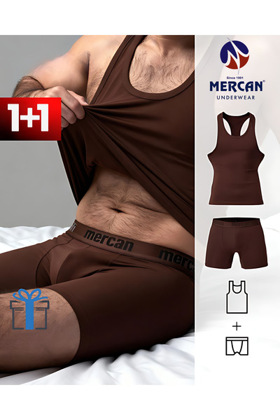 Mercan Erkek Kahverengi Takım Özel Kutuda Uzun Kesim Boxer + Sporcu Atlet