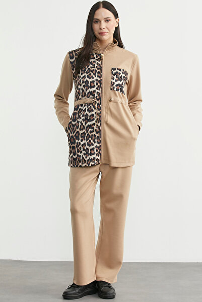 Sementa Leopard Combination Scuba Tunic Tracksuit Set - Beige