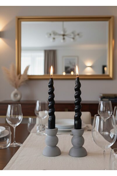 DRN Mumlar Dahil 2' li Pinterest Model Gri Şamdanlık ve Sipiral, Burgu Siyah Şamdan Mumu