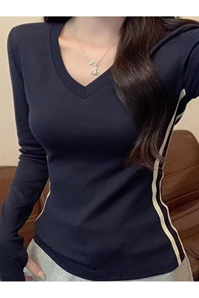 ARS Butik Navy Blue V-Neck Basic Side White Striped Detail Long Sleeve Bodysuit