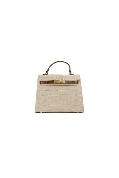 Posete Fagaras Thea Croco Baby Leather Purse - Beige - Cognac, Casual Bag Made of Genuine Leather, Handbag, Bags