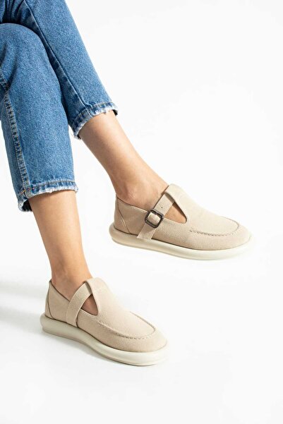 diclepolat Women's Beige Suede Loafer Shoes with Saddle Detail Buckle – Comfortable and Stylish for Everyday Use Margos
