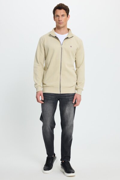 Tudors Men's Slim Fit slim fit cotton full zip double pocket Mock Neck cream sweatshirt cardigan