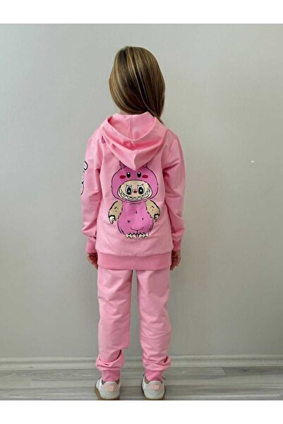 Patriko Girls' Popular Print New Season Pink Color 2 Yarn Cap Hooded Ket Tracksuit Bottom Top Set 5-14 Years