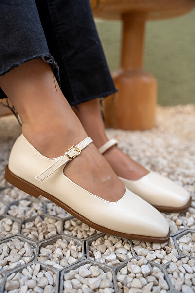 LAMİNTA Flue Ecru Leather Buckle Flat Ballet Flats