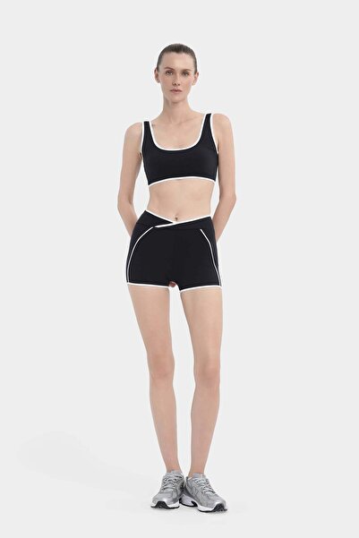 Louren White Piped High Waist Short Sports Leggings - Navy Blue
