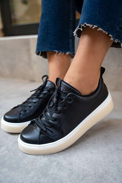 LAMİNTA Skye Black Genuine Leather Flat Sneakers