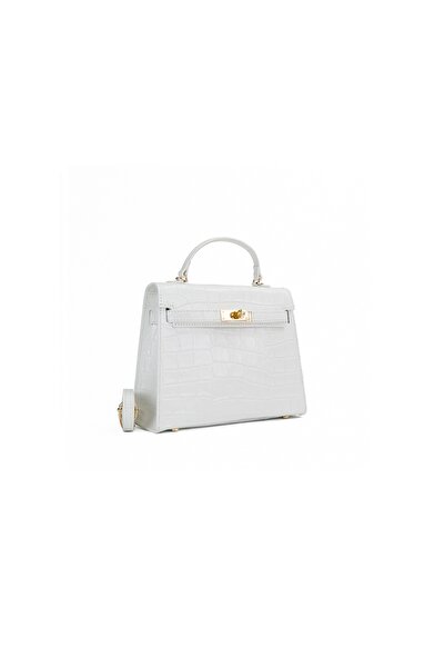 Posete Fagaras Thea Croco Baby Leather Purse - White, Casual Bag Made of Genuine Leather, Handbag, Bags