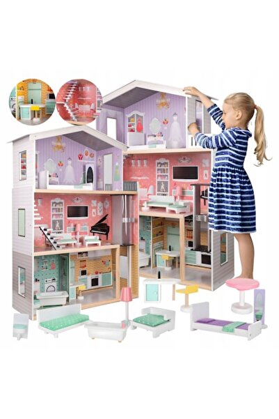 İSP LikeSmart Pastel 5219 Wooden Dollhouse, 3 Floors, 4 Rooms, 10 Furniture Pieces, Lift, 117 cm, Vi