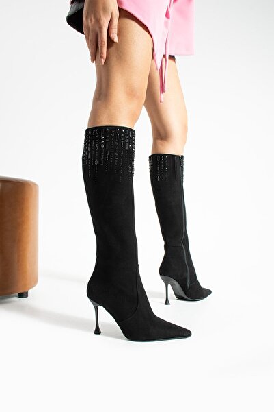 FOLLİNİ Women's Genuine Leather Stone Detailed Boots Black Suede