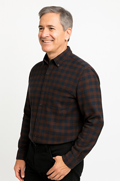 UNL قميص أبوي من القطن المنقوش ذو أكمام طويلة وجيوب، متوسط ​​السماكة، موسمي، ...