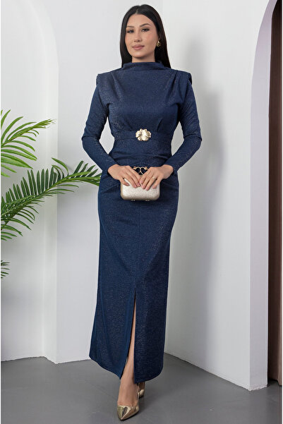 Afiş Butik Rochie cu sclipici cu cataramă plisată guler ridicat pentru femei,...