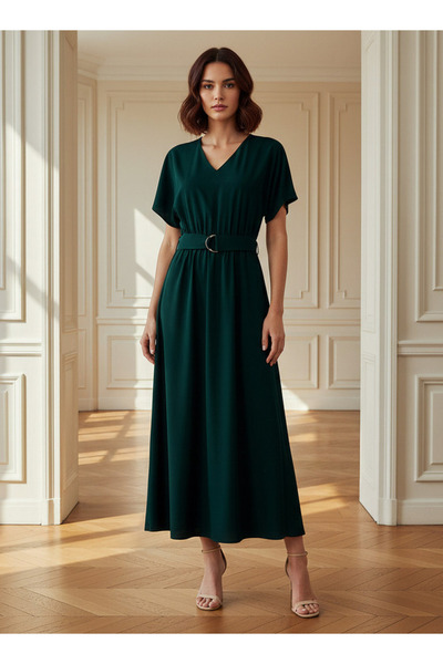 FAV Belted Midi Dress with Short Sleeves and V-neck