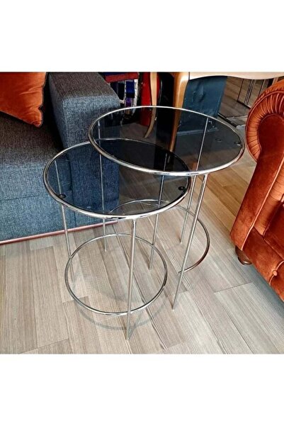 İZMİRMASİF Elysia Krom Yuvarlak 2’li Zigon Yan Sehpa Siyah Cam