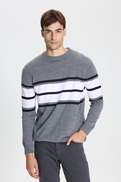 ALTINYILDIZ CLASSICS Grey-Ecru Standard Fit Regular Cut Crew Neck Striped Knit Sweater
