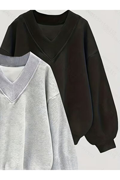 FUWEAR Kadın Siyah - Gri 2 Renk V Yaka Oversize Sweatshirt
