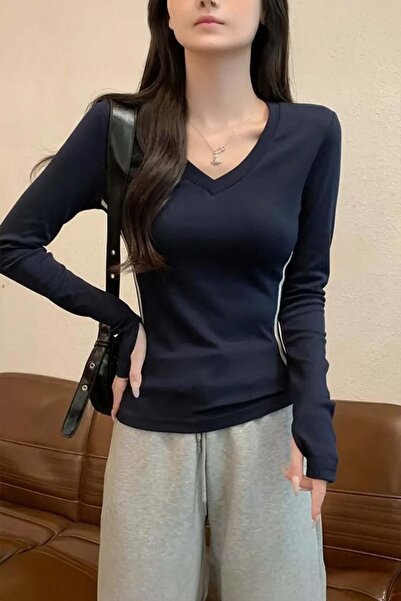 ARS Butik Navy Blue V-Neck Basic Side White Striped Detail Long Sleeve Bodysuit