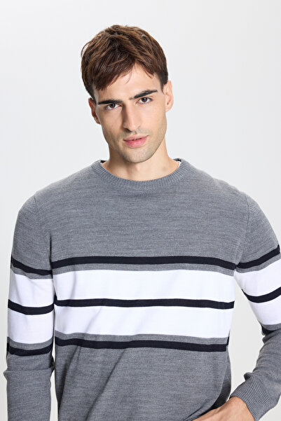 ALTINYILDIZ CLASSICS Grey-Ecru Standard Fit Regular Cut Crew Neck Striped Knit Sweater