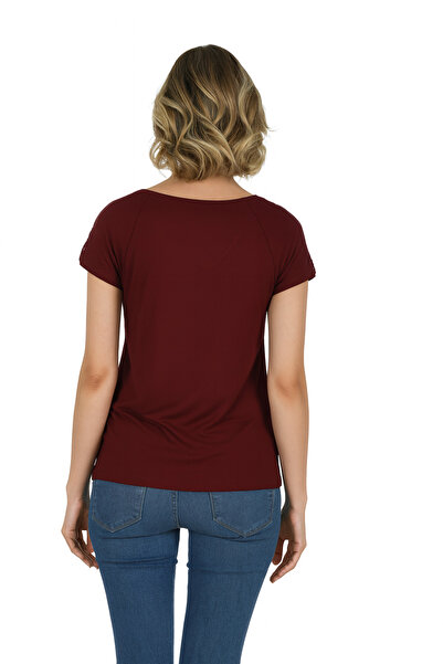 ÖZKAN underwear Özkan 25465 Women's Burgundy Vorteks Viscose Premium Fabric Stretch Fabric Shoulder Lace Detailed Knitted Blouse