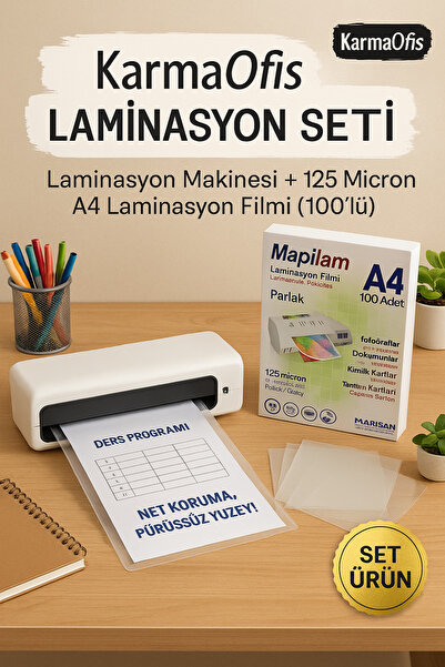 KarmaOfis Laminasyon Makinesi + Mapilam 125 Micron A4 Laminasyon Filmi (100’l...